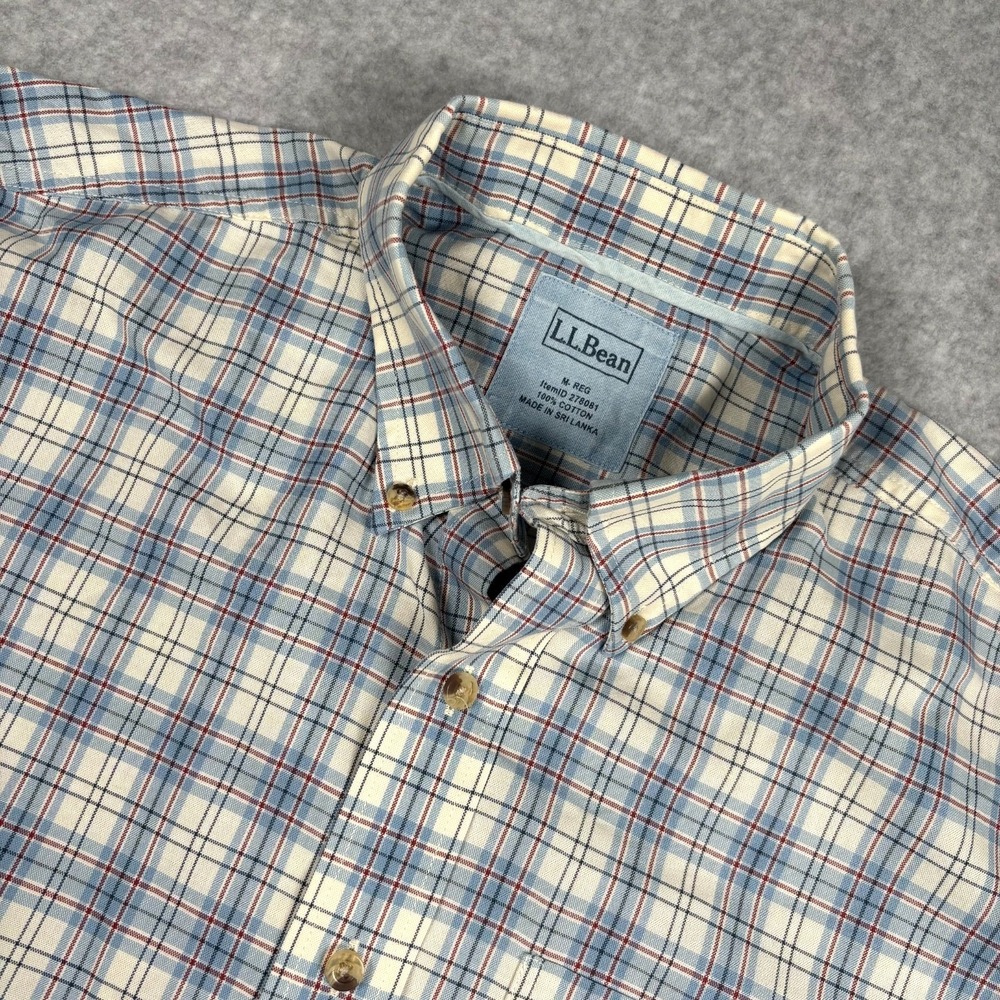 LL Bean Button Down Long Sleeve Shirt Plaid Ivory Blue Red Black Cotton M Reg